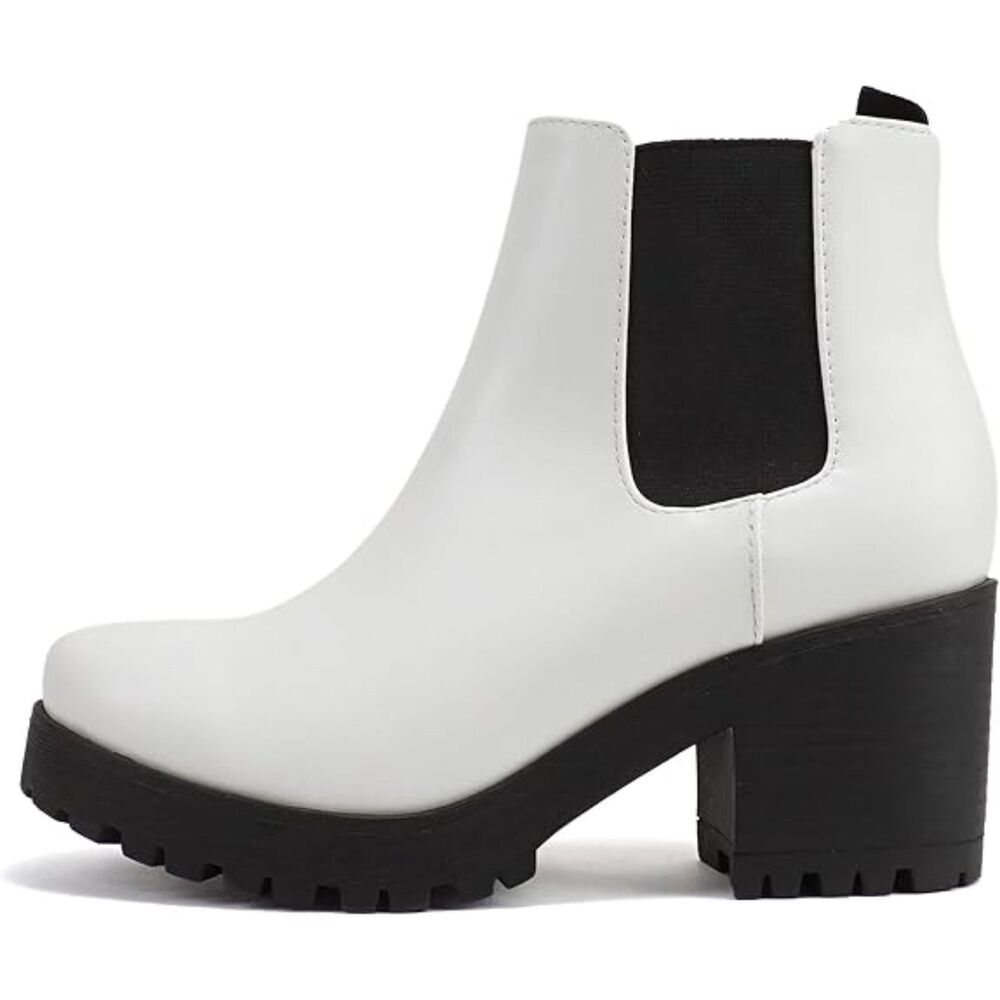 Women White Round Toe Lug Sole Elastic Gore and Chunky Heel Jaber Ankle Boots